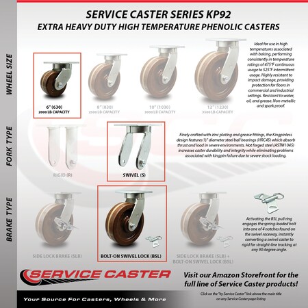 Service Caster 6 Inch Extra Heavy Duty High Temp Phenolic Wheel Swivel Caster with Swivel Lock SCC-KP92S630-PHRHT-BSL